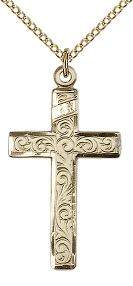14KT GOLD FILLED CROSS PENDANT WITH CHAIN - 1 1/4" x 5/8"