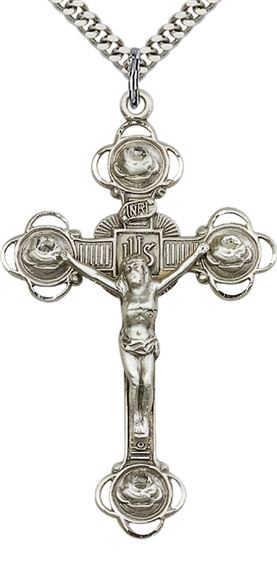 STERLING SILVER CRUCIFIX PENDANT WITH CHAIN - 2 1/8" x 1 1/4"