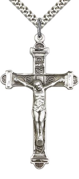 STERLING SILVER CRUCIFIX PENDANT WITH CHAIN - 1 7/8" x 1"