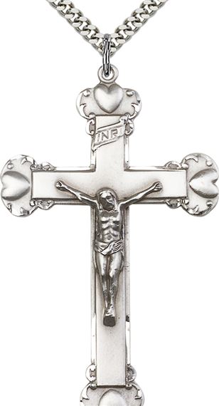 STERLING SILVER CRUCIFIX PENDANT WITH CHAIN - 2 1/4" x 1 3/8"