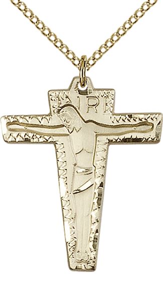 14KT GOLD FILLED PRIMATIVE CRUCIFIX PENDANT WITH CHAIN - 1 1/8" x 7/8"