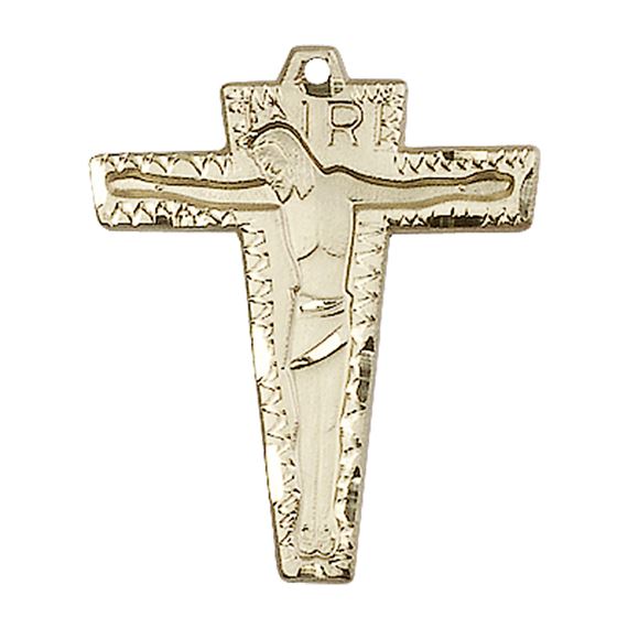 14KT GOLD PRIMATIVE CRUCIFIX MEDAL - 1 1/8" x 7/8"
