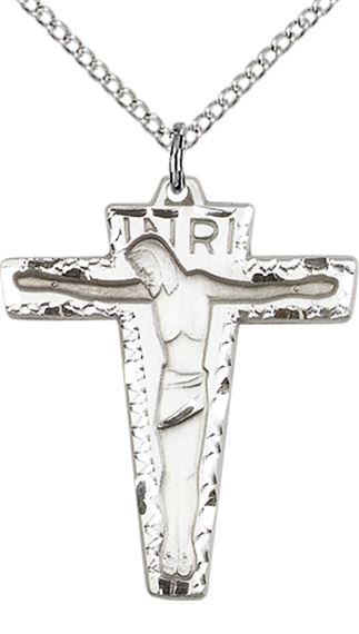STERLING SILVER PRIMATIVE CRUCIFIX PENDANT WITH CHAIN - 1 1/8" x 7/8"