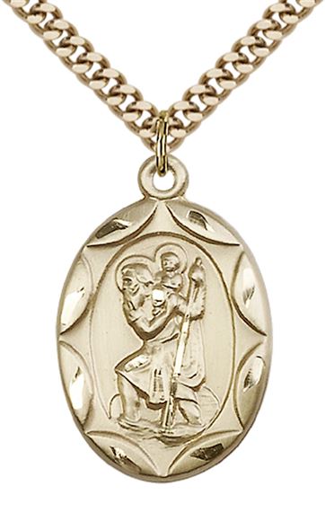 14KT GOLD FILLED ST CHRISTOPHER PENDANT WITH CHAIN - 1" x 5/8"