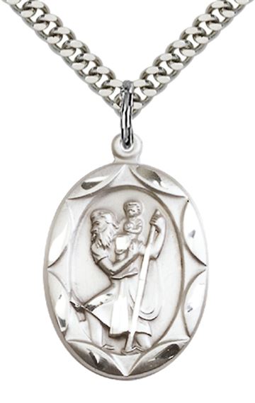 STERLING SILVER ST CHRISTOPHER PENDANT WITH CHAIN - 1" x 5/8"