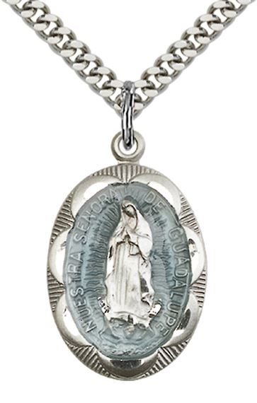STERLING SILVER OUR LADY OF GUADALUPE PENDANT WITH CHAIN - 1" x 5/8"