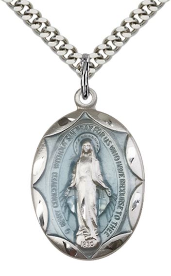 STERLING SILVER MIRACULOUS PENDANT WITH CHAIN - 1" x 5/8"