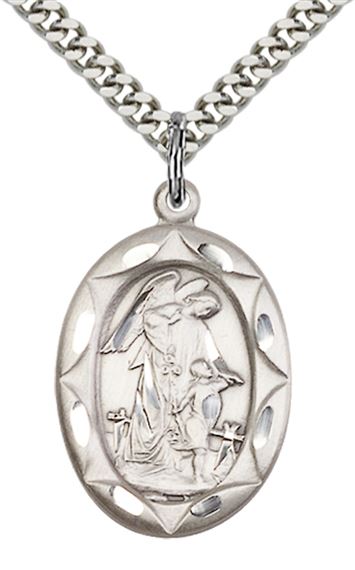 STERLING SILVER GUARDIAN ANGEL PENDANT WITH CHAIN - 1" x 5/8"