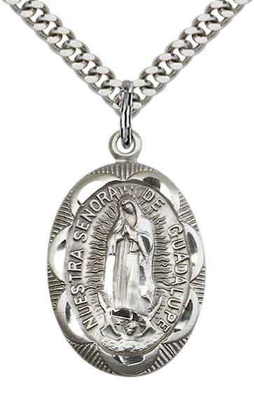 STERLING SILVER OUR LADY OF GUADALUPE PENDANT WITH CHAIN - 1" x 5/8"