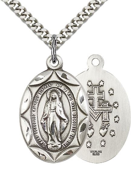 STERLING SILVER MIRACULOUS PENDANT WITH CHAIN - 1" x 5/8"