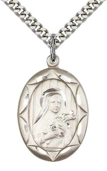 STERLING SILVER ST THERESA PENDANT WITH CHAIN - 1" x 5/8"