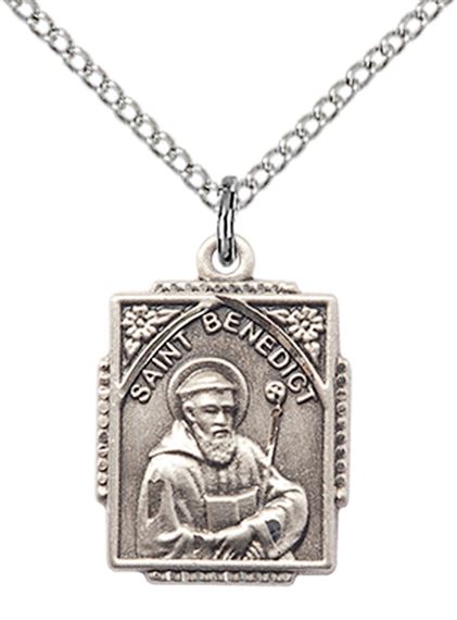 STERLING SILVER ST BENEDICT PENDANT WITH CHAIN - 3/4" x 1/2"