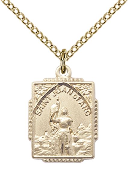 14KT GOLD FILLED ST JOAN OF ARC PENDANT WITH CHAIN - 5/8" x 1/2"