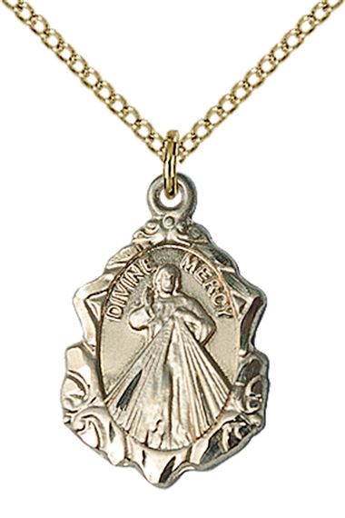 14KT GOLD FILLED DIVINE MERCY PENDANT WITH CHAIN - 3/4" x 1/2"