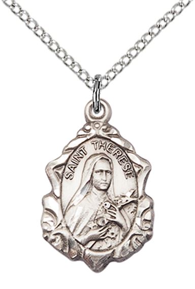 STERLING SILVER ST THERESE OF LISIEUX PENDANT WITH CHAIN - 7/8" x 1/2"