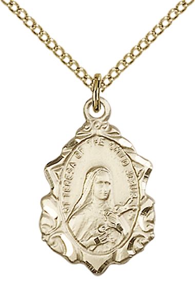 14KT GOLD FILLED ST THERESA PENDANT WITH CHAIN - 3/4" x 1/2"