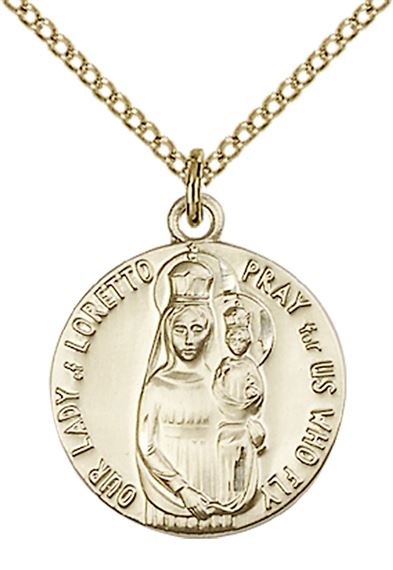 14KT GOLD FILLED OUR LADY OF LORETTO PENDANT WITH CHAIN - 3/4" x 5/8"