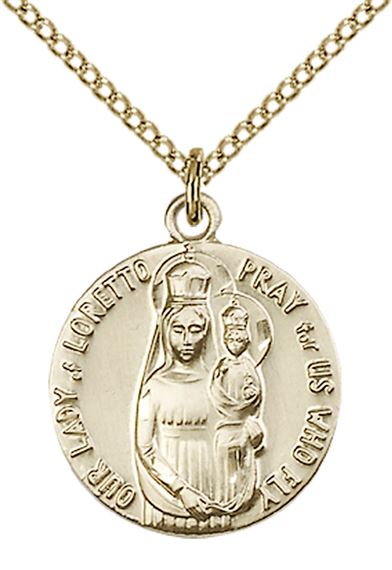 14KT GOLD FILLED OUR LADY OF LORETTO PENDANT WITH CHAIN - 3/4" x 5/8"