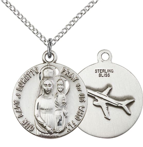 STERLING SILVER OUR LADY OF LORETTO PENDANT WITH CHAIN - 3/4" x 5/8"