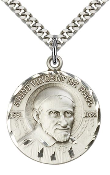 STERLING SILVER ST VINCENT DE PAUL PENDANT WITH CHAIN - 1" x 7/8"