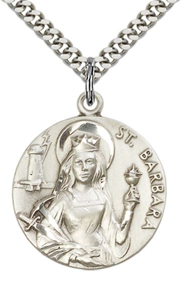 STERLING SILVER ST BARBARA PENDANT WITH CHAIN - 1" x 7/8"