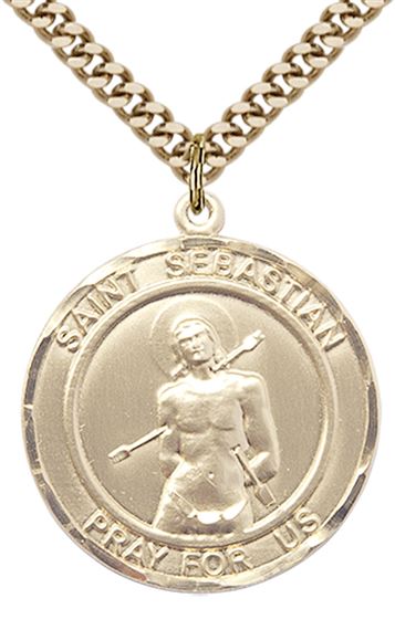 14KT GOLD FILLED ST SEBASTIAN PENDANT WITH CHAIN - 1" x 7/8"