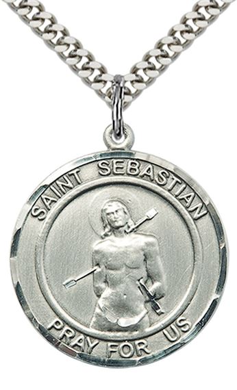 STERLING SILVER ST SEBASTIAN PENDANT WITH CHAIN - 1" x 7/8"