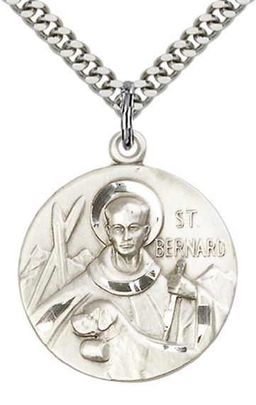 STERLING SILVER ST BERNARD OF MONJOUX PENDANT WITH CHAIN - 1" x 7/8"