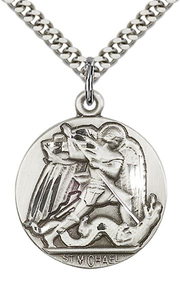 STERLING SILVER ST MICHAEL THE ARCHANGEL PENDANT WITH CHAIN - 1" x 7/8"