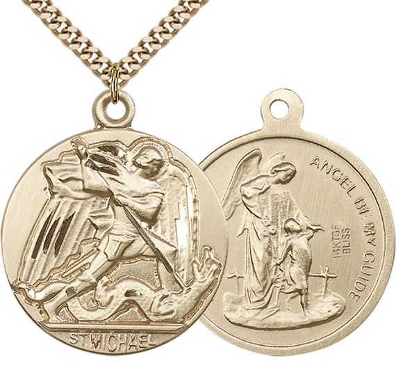 14KT GOLD FILLED ST MICHAEL THE ARCHANGEL PENDANT WITH CHAIN - 1 3/8" x 1 1/8"