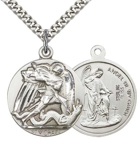STERLING SILVER ST MICHAEL THE ARCHANGEL PENDANT WITH CHAIN - 1 3/8" x 1 1/8"
