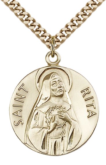14KT GOLD FILLED ST RITA OF CASCIA PENDANT WITH CHAIN - 1" x 7/8"