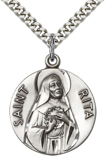 STERLING SILVER ST RITA OF CASCIA PENDANT WITH CHAIN - 1" x 7/8"