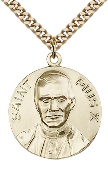 14KT GOLD FILLED POPE PIUS X PENDANT WITH CHAIN - 1" x 7/8"