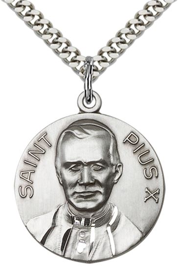 STERLING SILVER POPE PIUS X PENDANT WITH CHAIN - 1" x 7/8"