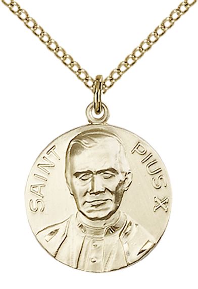 14KT GOLD FILLED POPE PIUS X PENDANT WITH CHAIN - 3/4" x 5/8"