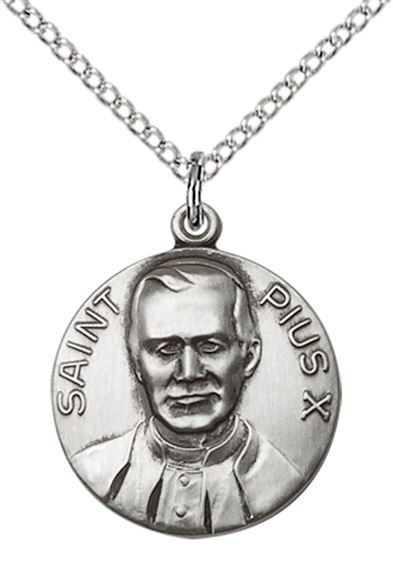 STERLING SILVER POPE PIUS X PENDANT WITH CHAIN - 3/4" x 5/8"