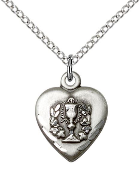 STERLING SILVER HEART - EUCHARISTIC PENDANT WITH CHAIN - 5/8" x 1/2"