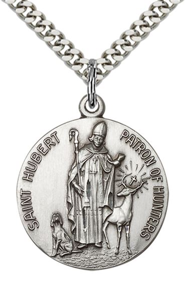 STERLING SILVER ST HUBERT OF LIEGE PENDANT WITH CHAIN - 1" x 7/8"
