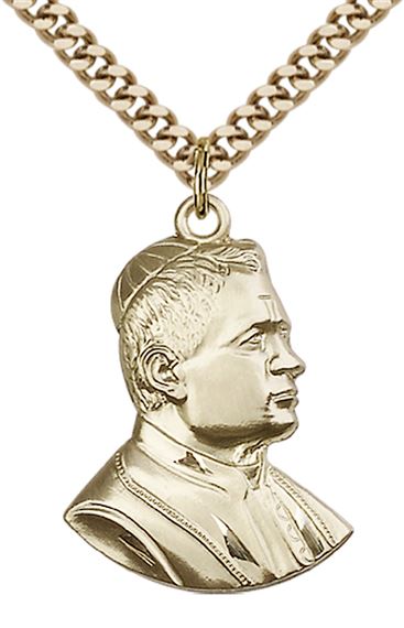 14KT GOLD FILLED ST PIUS X PENDANT WITH CHAIN - 1" x 3/4"