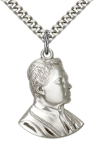 STERLING SILVER ST PIUS X PENDANT WITH CHAIN - 1" x 3/4"