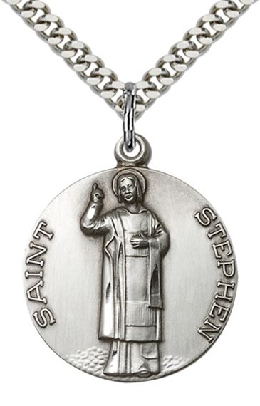 STERLING SILVER ST STEPHEN PENDANT WITH CHAIN - 1" x 7/8"