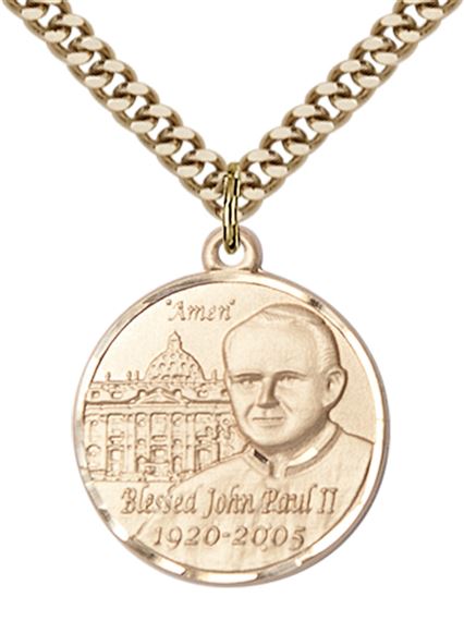 14KT GOLD FILLED ST JOHN PAUL II VATICAN PENDANT WITH CHAIN - 3/4" x 3/4"