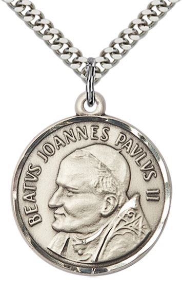 STERLING SILVER ST JOHN PAUL II PENDANT WITH CHAIN - 1" x 7/8"