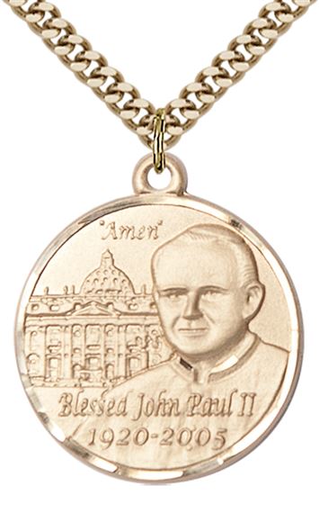 14KT GOLD FILLED ST JOHN PAUL II VATICAN PENDANT WITH CHAIN - 1" x 7/8"