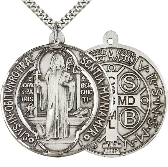 STERLING SILVER ST BENEDICT PENDANT WITH CHAIN - 1 5/8" x 1 3/8"