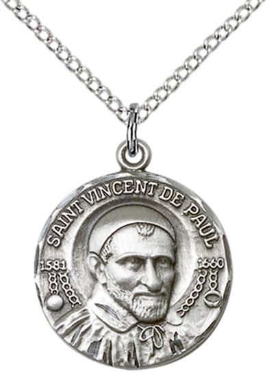 STERLING SILVER ST VINCENT DE PAUL PENDANT WITH CHAIN - 3/4" x 5/8"