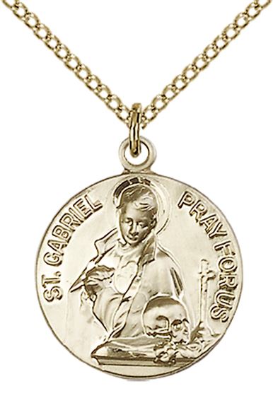 14KT GOLD FILLED ST GABRIEL OF THE BLESSED VIRGIN PENDANT WITH CHAIN - 3/4" x 5/8"