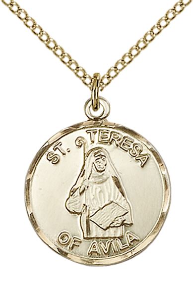 14KT GOLD FILLED ST THERESA PENDANT WITH CHAIN - 3/4" x 5/8"