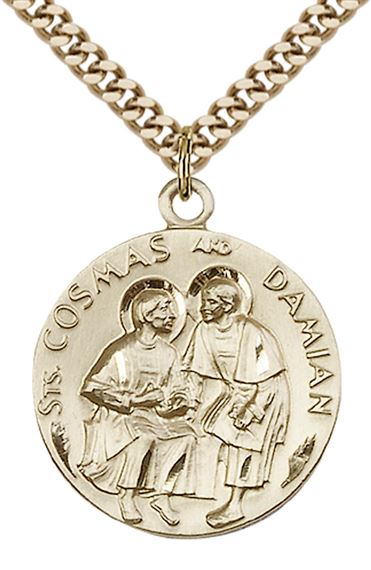 14KT GOLD FILLED STS COSMAS & DAMIAN PENDANT WITH CHAIN - 1" x 7/8"